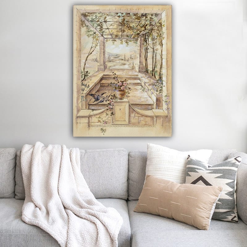 Lerretsbilde 70x100 cm - Romantisk hage med vakker utsikt og blomster i vase - Beige / Grønn / Rosa - Innredning - Bilder & kunst - Lerretsbilder