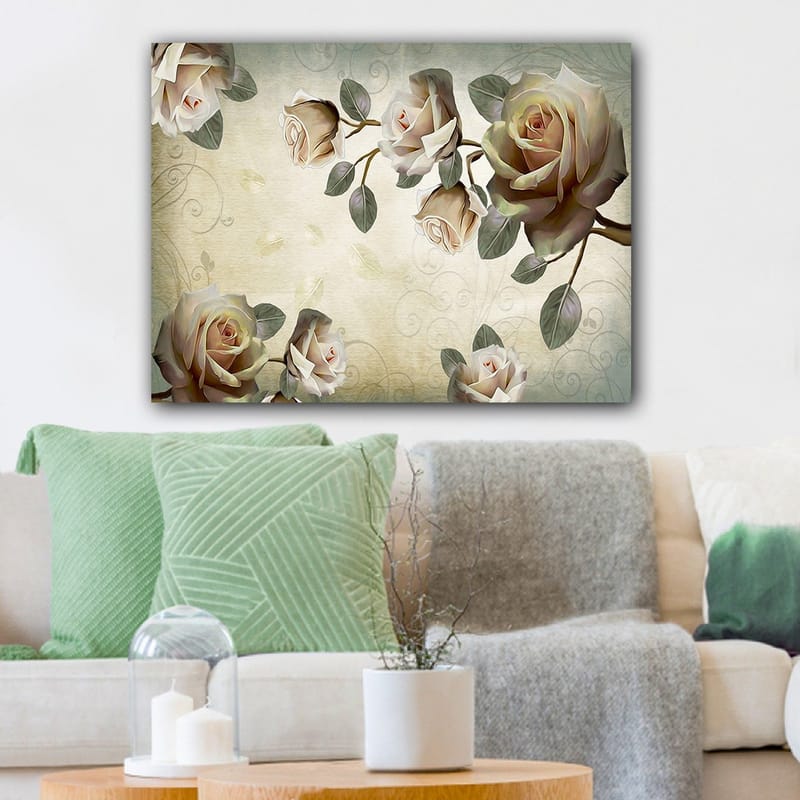 Lerretsbilde 70x100 cm - Romantisk komposisjon av roser i myke nyanser som symboliserer skjønnhet og kjærlighet - Lys rosa / Grønn / Beige - Innredning - Bilder & kunst - Lerretsbilder
