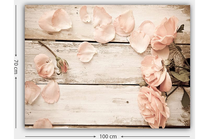 Lerretsbilde 70x100 cm - Romantisk komposisjon av roser og roseblader på en treflate - Lys rosa / Grønn - Innredning - Bilder & kunst - Lerretsbilder