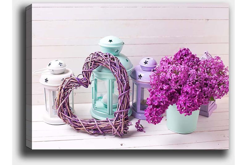 Lerretsbilde 70x100 cm - Romantisk komposisjon med et hjerte av kvister og en potte med lilla blomster - Lilla / Mintgrønn / Hvit - Innredning - Bilder & kunst - Lerretsbilder