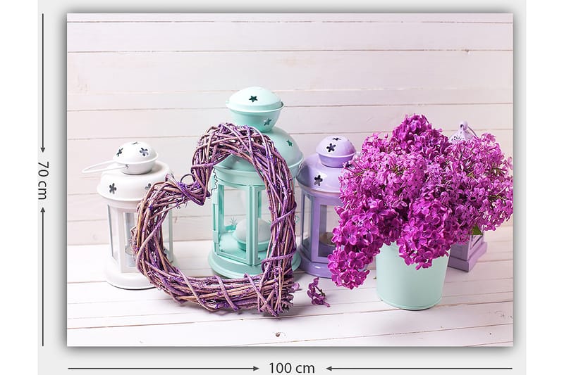 Lerretsbilde 70x100 cm - Romantisk komposisjon med et hjerte av kvister og en potte med lilla blomster - Lilla / Mintgrønn / Hvit - Innredning - Bilder & kunst - Lerretsbilder
