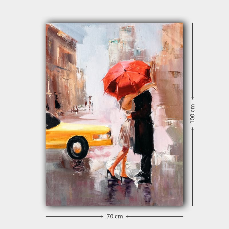 Lerretsbilde 70x100 cm - Romantisk kyss under en rød paraply i urbane omgivelser - Rød / Svart / Gul - Innredning - Bilder & kunst - Lerretsbilder