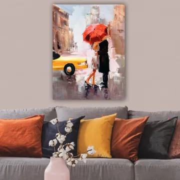 Lerretsbilde 70x100 cm - Romantisk kyss under en rød paraply i urbane omgivelser - Rød / Svart / Gul - Innredning - Bilder & kunst - Lerretsbilder