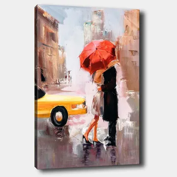 Lerretsbilde 70x100 cm - Romantisk kyss under en rød paraply i urbane omgivelser - Rød / Svart / Gul - Innredning - Bilder & kunst - Lerretsbilder