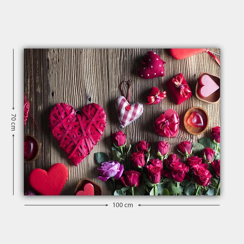 Lerretsbilde 70x100 cm - Romantisk samling av hjerteformede dekorasjoner og roser - Rød / Grønn / Rosa - Innredning - Bilder & kunst - Lerretsbilder