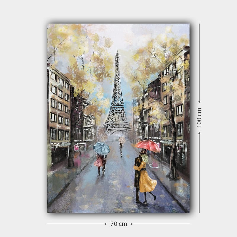 Lerretsbilde 70x100 cm - Romantisk scene med et par som danser under parasoller foran Eiffeltårnet i Paris - Gull / Blå / Rød - Innredning - Bilder & kunst - Lerretsbilder