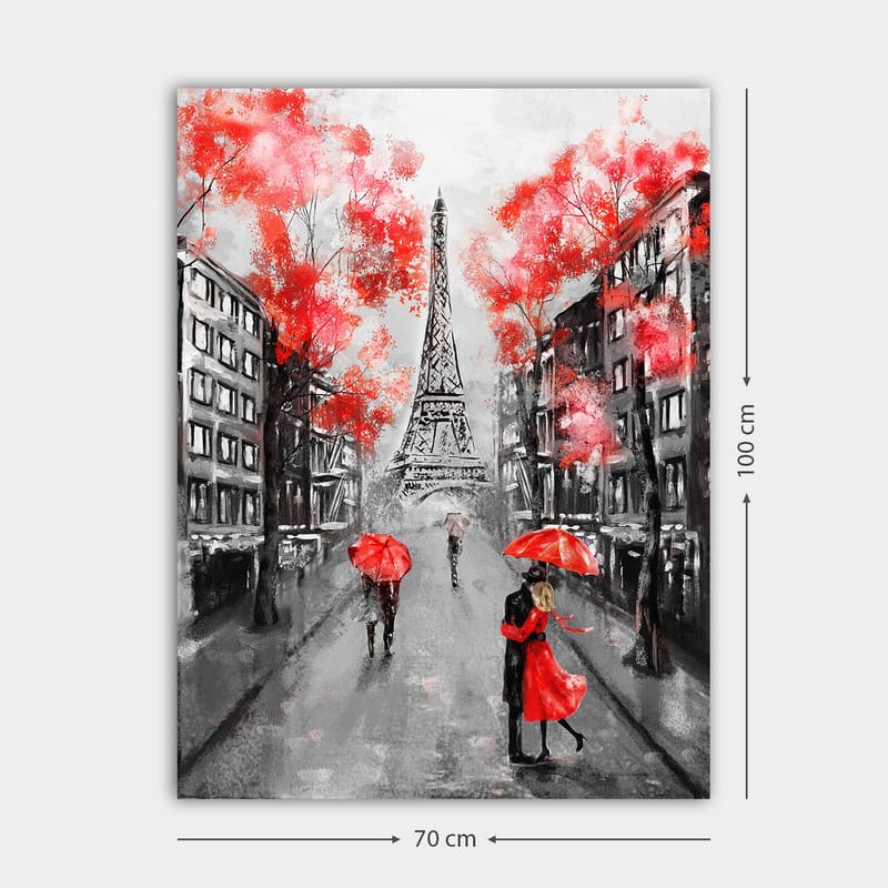 Lerretsbilde 70x100 cm - Romantisk scene med et par som danser under en rød paraply foran Eiffeltårnet i Paris - Rød / Svart / Grå - Innredning - Bilder & kunst - Lerretsbilder