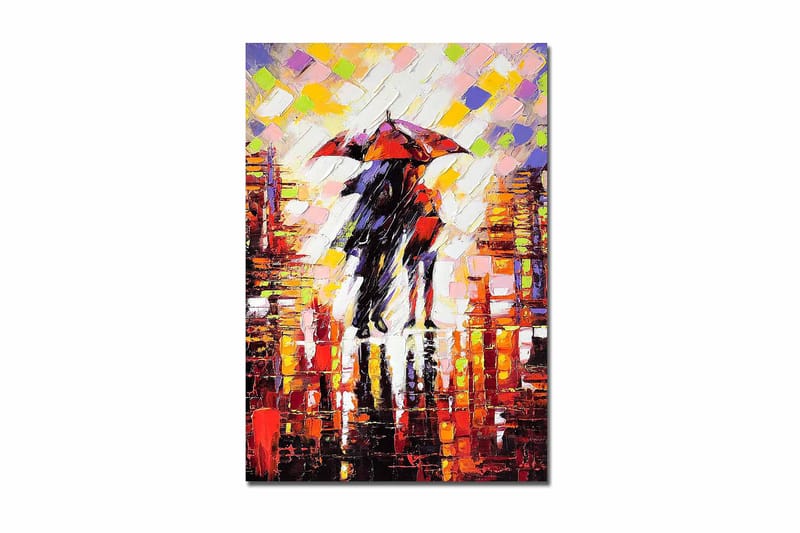 Lerretsbilde 70x100 cm - Romantisk scene med to personer som deler en paraply i et regnfullt bymiljø, Rød / Svart / Oransje