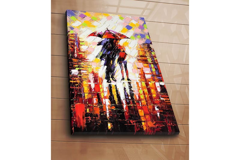 Lerretsbilde 70x100 cm - Romantisk scene med to personer som deler en paraply i et regnfullt bymiljø - Rød / Svart / Oransje - Innredning - Bilder & kunst - Lerretsbilder