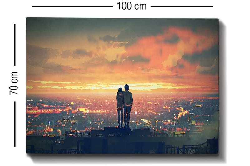 Lerretsbilde 70x100 cm - Romantisk silhuett av et par som står sammen og beundrer en solnedgang over en by - Oransje / Blå / Svart - Innredning - Bilder & kunst - Lerretsbilder