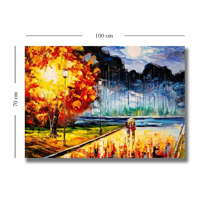 Lerretsbilde 70x100 cm - Romantisk spasertur under en månelys himmel med fargerike høsttrær - Oransje / Blå / Rød - Innredning - Bilder & kunst - Lerretsbilder