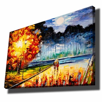 Lerretsbilde 70x100 cm - Romantisk spasertur under en månelys himmel med fargerike høsttrær - Oransje / Blå / Rød - Innredning - Bilder & kunst - Lerretsbilder
