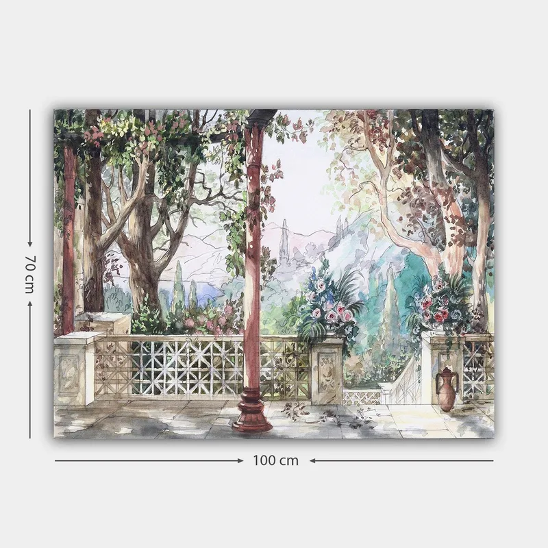 Lerretsbilde 70x100 cm - Romantisk utsikt over en hage med blomster og søyler i solrike omgivelser - Grønn / Rosa / Beige - Innredning - Bilder & kunst - Lerretsbilder