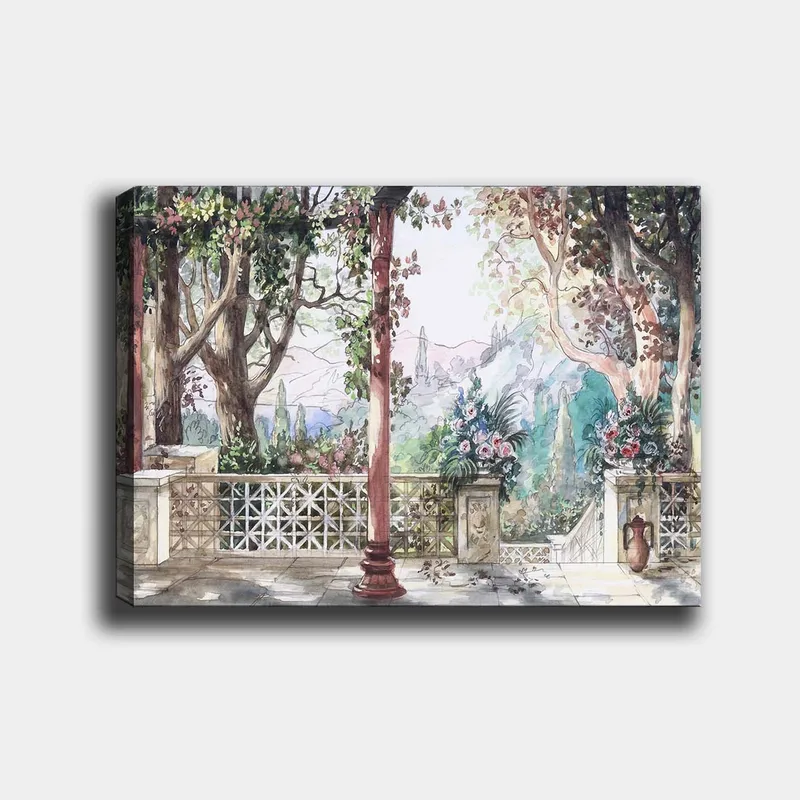 Lerretsbilde 70x100 cm - Romantisk utsikt over en hage med blomster og søyler i solrike omgivelser, Grønn / Rosa / Beige