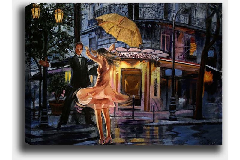Lerretsbilde 70x100 cm - Romantisk par som danser under en paraply i regnet - Rosa / Svart / Gul - Innredning - Bilder & kunst - Lerretsbilder