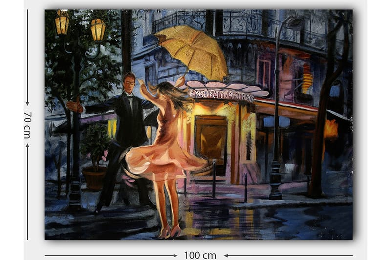 Lerretsbilde 70x100 cm - Romantisk par som danser under en paraply i regnet - Rosa / Svart / Gul - Innredning - Bilder & kunst - Lerretsbilder