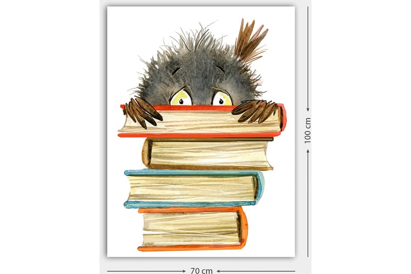 Lerretsbilde 70x100 cm - Søt, nysgjerrig figur som titter frem bak en stabel med bøker - Svart / Beige / Oransje - Innredning - Bilder & kunst - Lerretsbilder