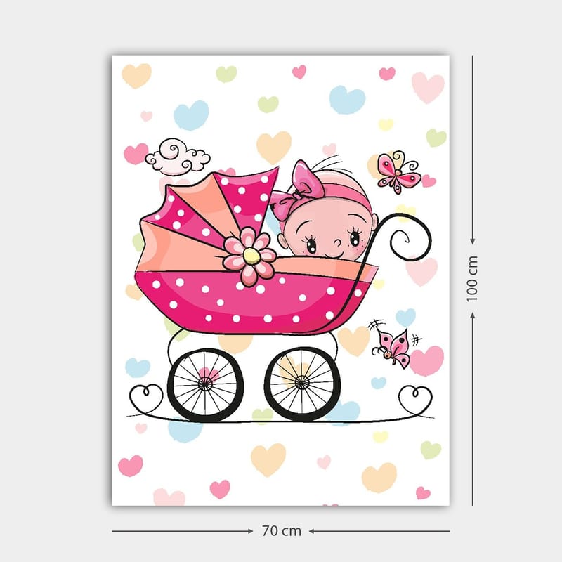 Lerretsbilde 70x100 cm - Søt baby i barnevogn omgitt av fargerike hjerter og sommerfugler - Rosa / Svart / Lys blå - Innredning - Bilder & kunst - Lerretsbilder