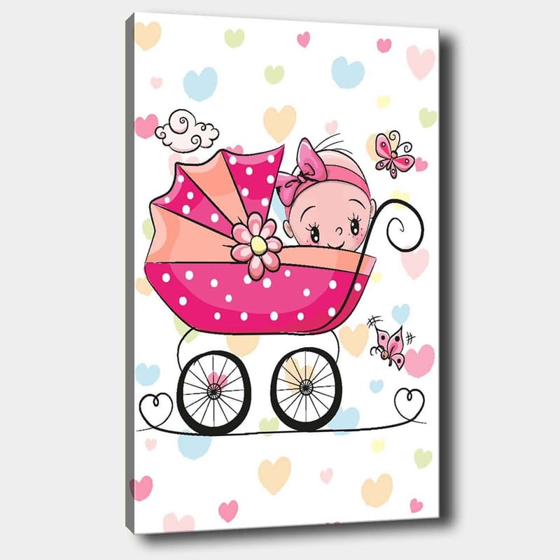 Lerretsbilde 70x100 cm - Søt baby i barnevogn omgitt av fargerike hjerter og sommerfugler - Rosa / Svart / Lys blå - Innredning - Bilder & kunst - Lerretsbilder