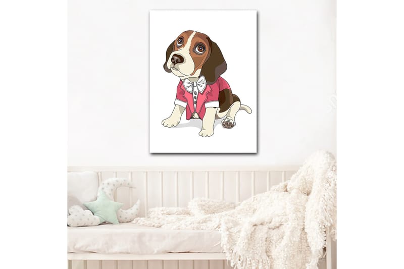 Lerretsbilde 70x100 cm - Søt beagle i rød jakke med sløyfe - Rød / Brun / Hvit - Innredning - Bilder & kunst - Lerretsbilder
