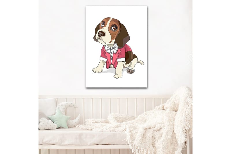 Lerretsbilde 70x100 cm - Søt beagle i rød jakke med sløyfe - Rød / Brun / Hvit - Innredning - Bilder & kunst - Lerretsbilder