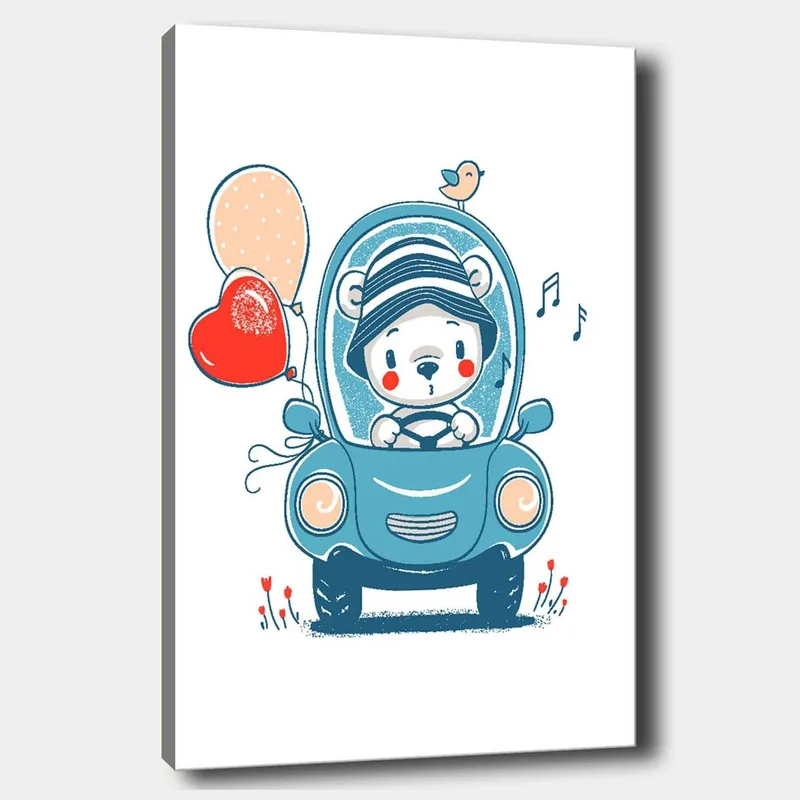 Lerretsbilde 70x100 cm - Søt bjørn i en bil som holder ballonger og ser glad ut - Blå / Rød / Beige - Innredning - Bilder & kunst - Lerretsbilder