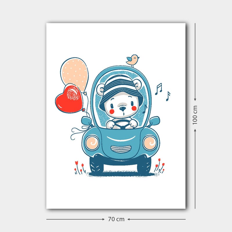 Lerretsbilde 70x100 cm - Søt bjørn i en bil som holder ballonger og ser glad ut - Blå / Rød / Beige - Innredning - Bilder & kunst - Lerretsbilder