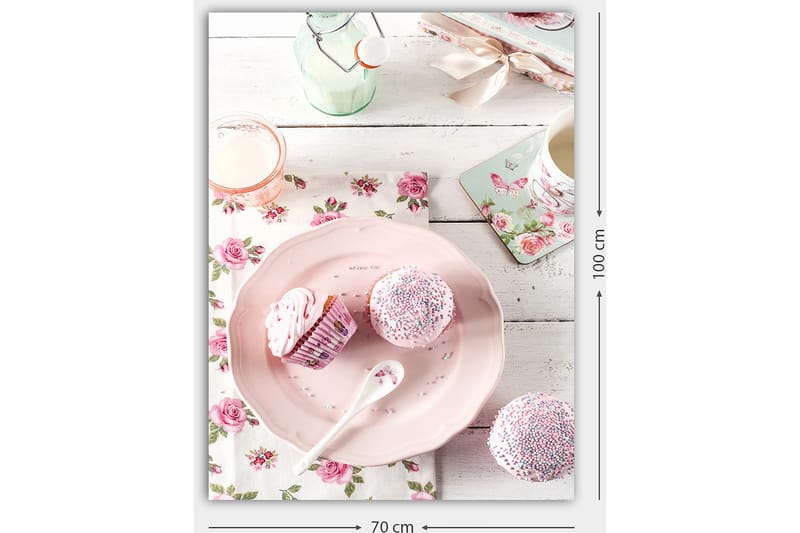Lerretsbilde 70x100 cm - Søt borddekking med cupcakes på et rosa fat - Rosa / Hvit / Lys grønn - Innredning - Bilder & kunst - Lerretsbilder