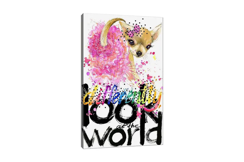 Lerretsbilde 70x100 cm - Søt chihuahua med rosa blomst og fargerike detaljer, Rosa / Svart / Beige