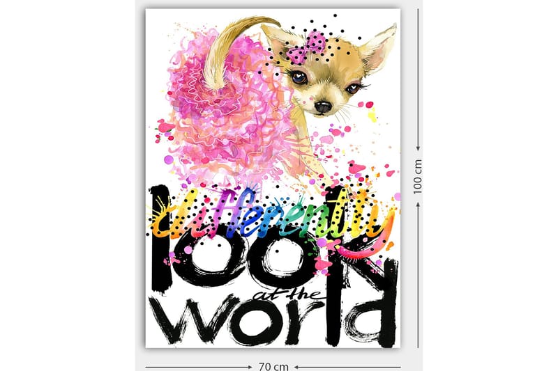 Lerretsbilde 70x100 cm - Søt chihuahua med rosa blomst og fargerike detaljer - Rosa / Svart / Beige - Innredning - Bilder & kunst - Lerretsbilder