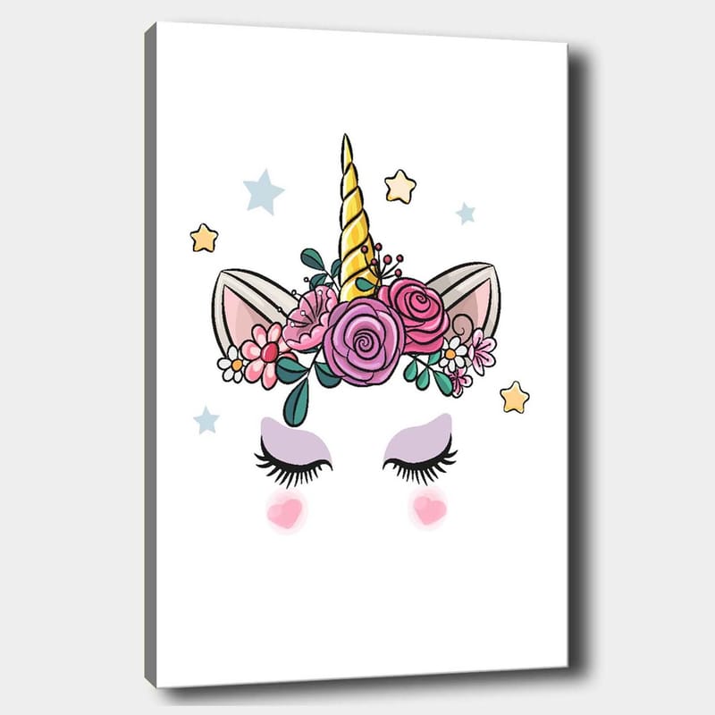 Lerretsbilde 70x100 cm - Søt enhjørning med blomster og stjerner som dekorasjon, Lilla / Rosa / Gull