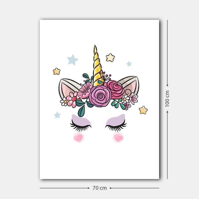 Lerretsbilde 70x100 cm - Søt enhjørning med blomster og stjerner som dekorasjon - Lilla / Rosa / Gull - Innredning - Bilder & kunst - Lerretsbilder