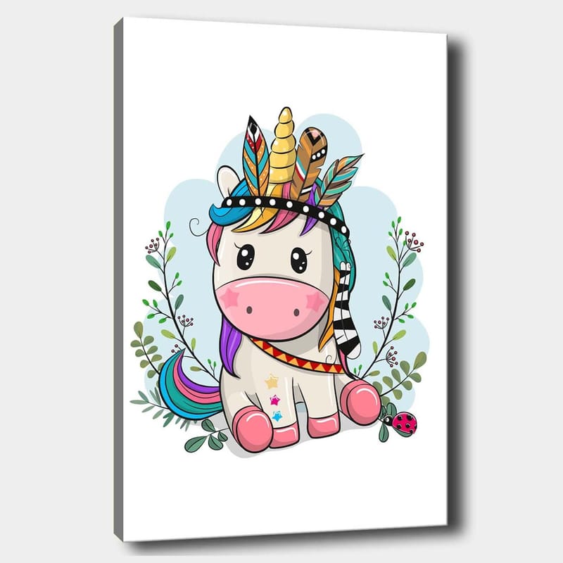 Lerretsbilde 70x100 cm - Søt enhjørning med fargerik man og fjær som dekorasjon - Rosa / Lilla / Grønn - Innredning - Bilder & kunst - Lerretsbilder