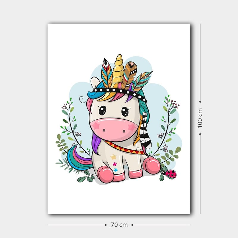 Lerretsbilde 70x100 cm - Søt enhjørning med fargerik man og fjær som dekorasjon - Rosa / Lilla / Grønn - Innredning - Bilder & kunst - Lerretsbilder