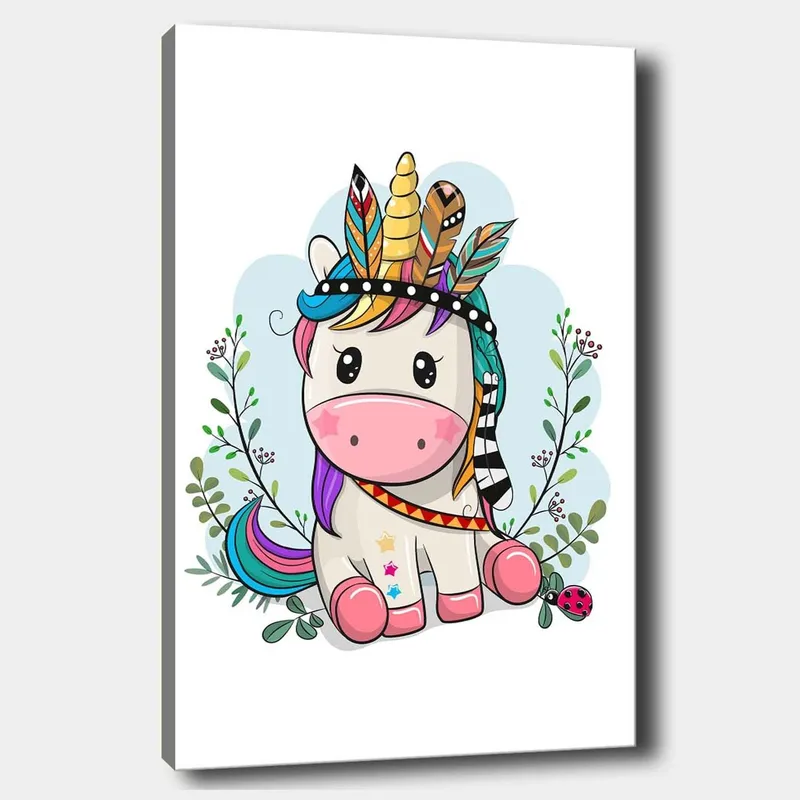 Lerretsbilde 70x100 cm - Søt enhjørning med fargerik man og fjær som dekorasjon - Rosa / Lilla / Grønn - Innredning - Bilder & kunst - Lerretsbilder