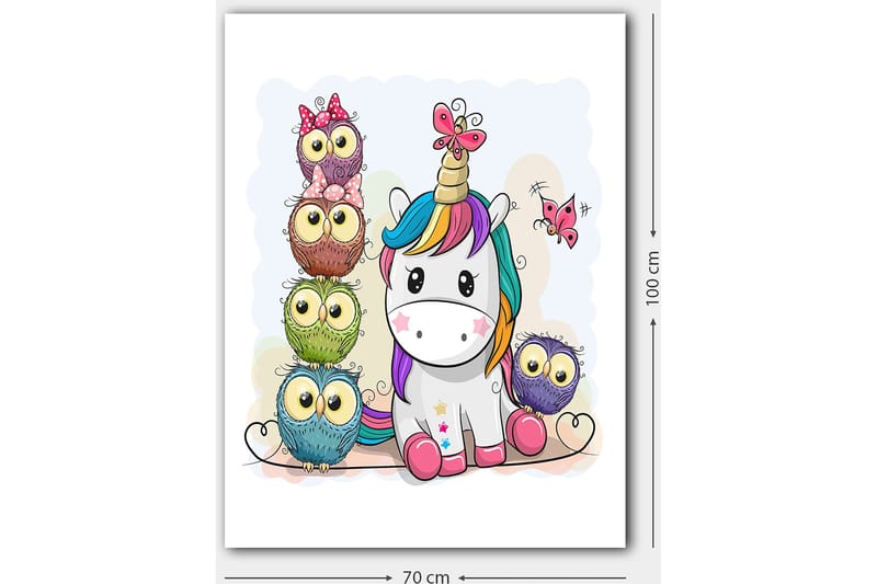 Lerretsbilde 70x100 cm - Søt enhjørning omgitt av fargerike ugler med store øyne - Grå / Grønn / Lilla - Innredning - Bilder & kunst - Lerretsbilder