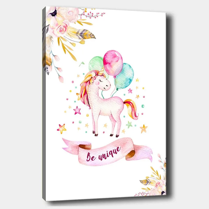 Lerretsbilde 70x100 cm - Søt enhjørning som holder fargerike ballonger og er omgitt av stjerner og blomster, Rosa / Mintgrønn / Gul