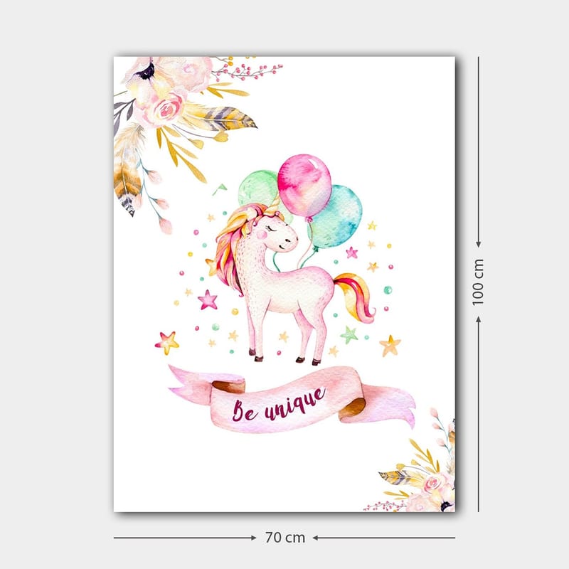 Lerretsbilde 70x100 cm - Søt enhjørning som holder fargerike ballonger og er omgitt av stjerner og blomster - Rosa / Mintgrønn / Gul - Innredning - Bilder & kunst - Lerretsbilder