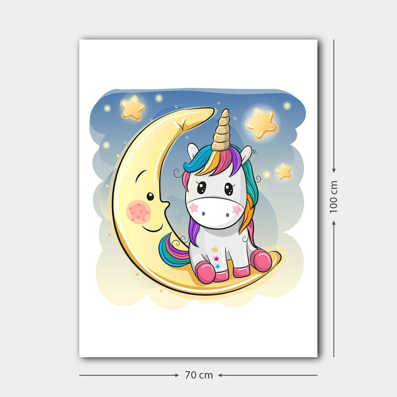 Lerretsbilde 70x100 cm - Søt enhjørning som sitter på en måne med stjerner i bakgrunnen - Gul / Rosa / Blå - Innredning - Bilder & kunst - Lerretsbilder