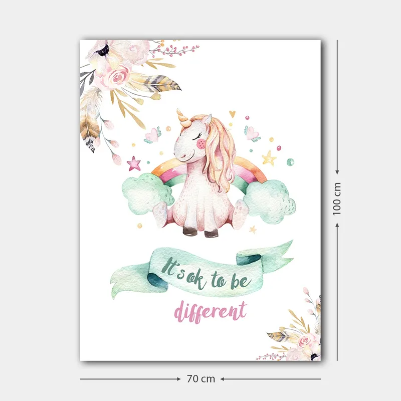 Lerretsbilde 70x100 cm - Søt enhjørning som sitter på skyer med en regnbue i bakgrunnen - Rosa / Mintgrønn / Lys gul - Innredning - Bilder & kunst - Lerretsbilder