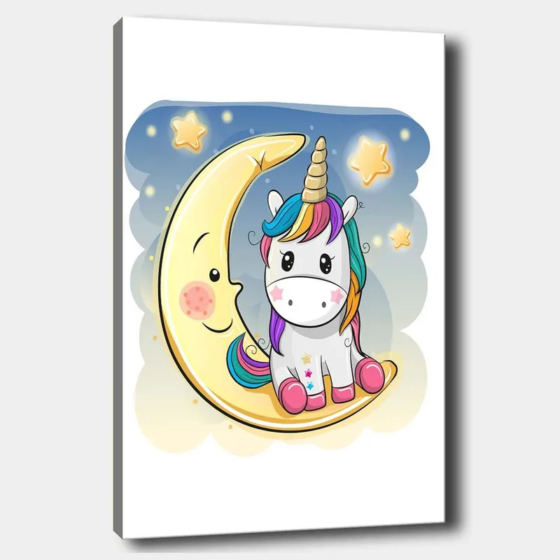 Lerretsbilde 70x100 cm - Søt enhjørning som sitter på en måne med stjerner i bakgrunnen, Gul / Rosa / Blå