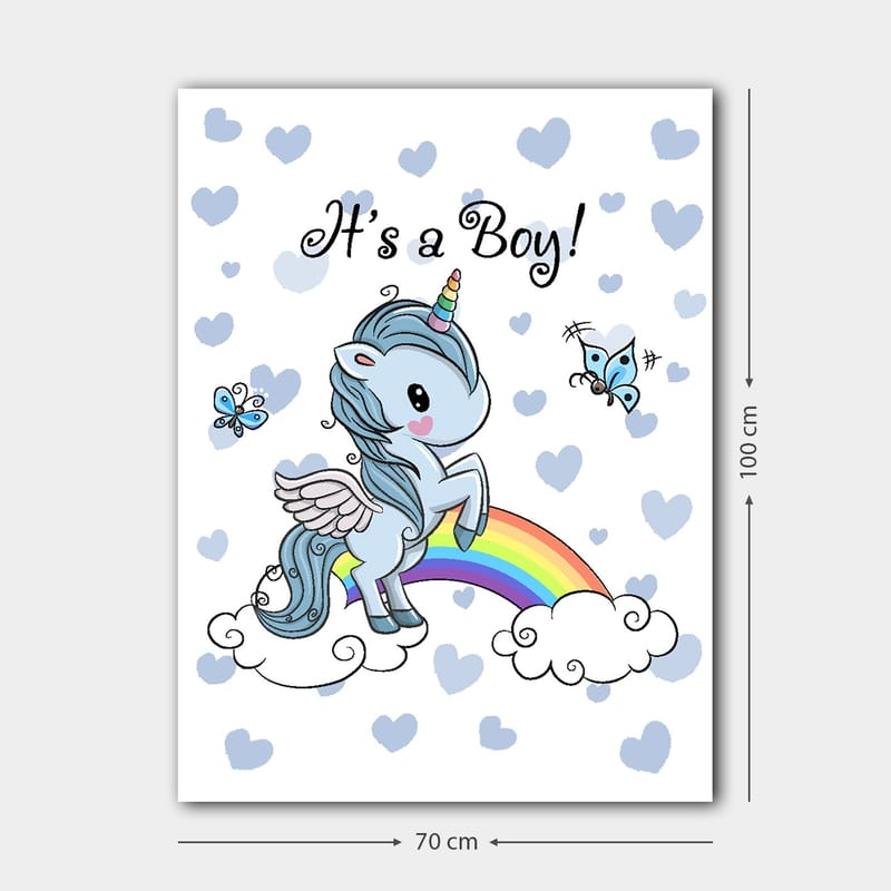 Lerretsbilde 70x100 cm - Søt enhjørning som står på en regnbue omgitt av skyer og sommerfugler - Lyseblå / Regnbuefarger / Hvit - Innredning - Bilder & kunst - Lerretsbilder