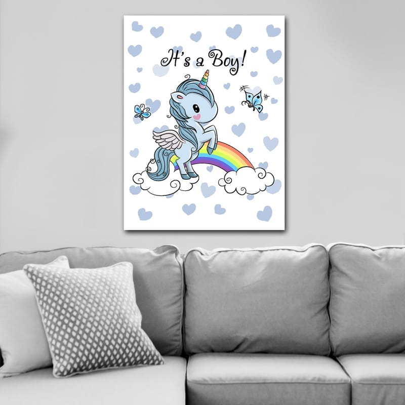 Lerretsbilde 70x100 cm - Søt enhjørning som står på en regnbue omgitt av skyer og sommerfugler - Lyseblå / Regnbuefarger / Hvit - Innredning - Bilder & kunst - Lerretsbilder