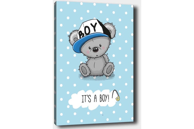 Lerretsbilde 70x100 cm - Søt gråbjørn med blå lue som sitter på en lyseblå bakgrunn med hvite prikker - Blå / Grå - Innredning - Bilder & kunst - Lerretsbilder