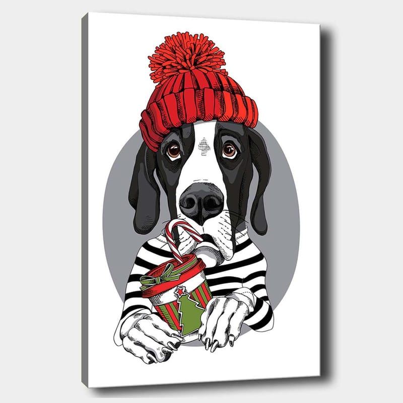 Lerretsbilde 70x100 cm - Søt hund i rød hatt som holder en julegave med en sjokoladebar, Rød / Svart / Grønn
