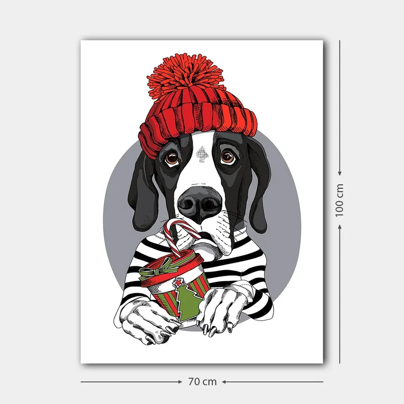 Lerretsbilde 70x100 cm - Søt hund i rød hatt som holder en julegave med en sjokoladebar - Rød / Svart / Grønn - Innredning - Bilder & kunst - Lerretsbilder