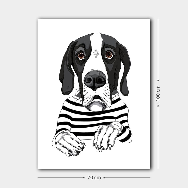 Lerretsbilde 70x100 cm - Søt hund i stripete genser som ser nysgjerrig ut - Svart / Hvit / Brun - Innredning - Bilder & kunst - Lerretsbilder