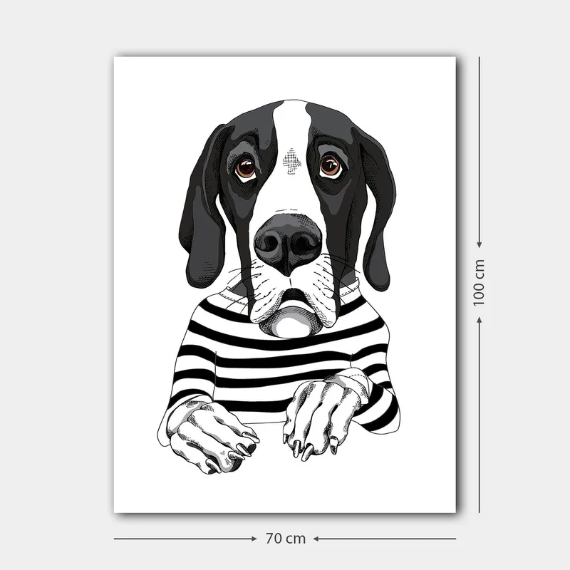 Lerretsbilde 70x100 cm - Søt hund i stripete genser som ser nysgjerrig ut - Svart / Hvit / Brun - Innredning - Bilder & kunst - Lerretsbilder