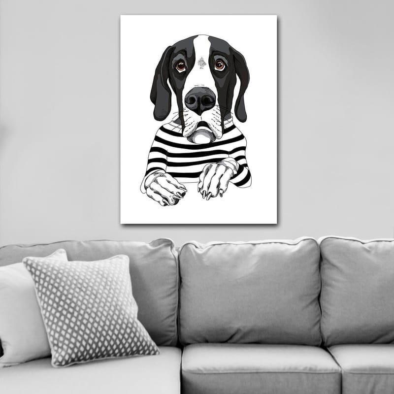 Lerretsbilde 70x100 cm - Søt hund i stripete genser som ser nysgjerrig ut - Svart / Hvit / Brun - Innredning - Bilder & kunst - Lerretsbilder