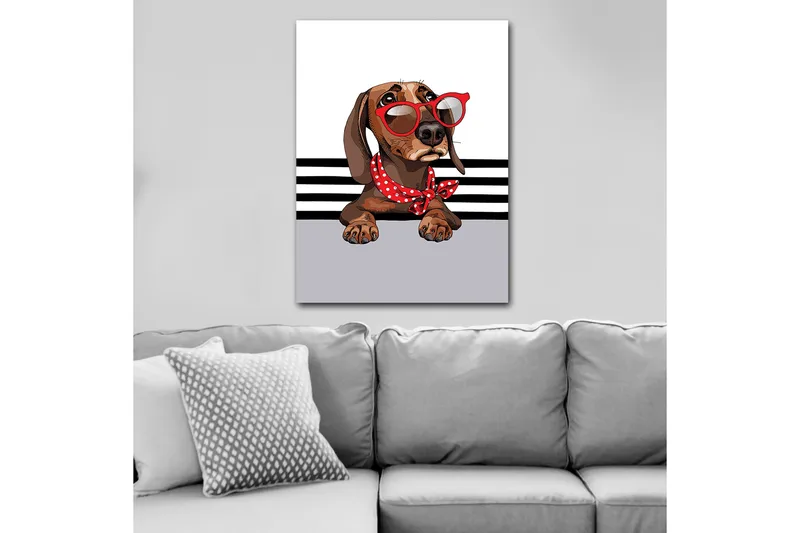 Lerretsbilde 70x100 cm - Søt hund med solbriller og et rødt prikkete skjerf, Brun / Rød / Grå